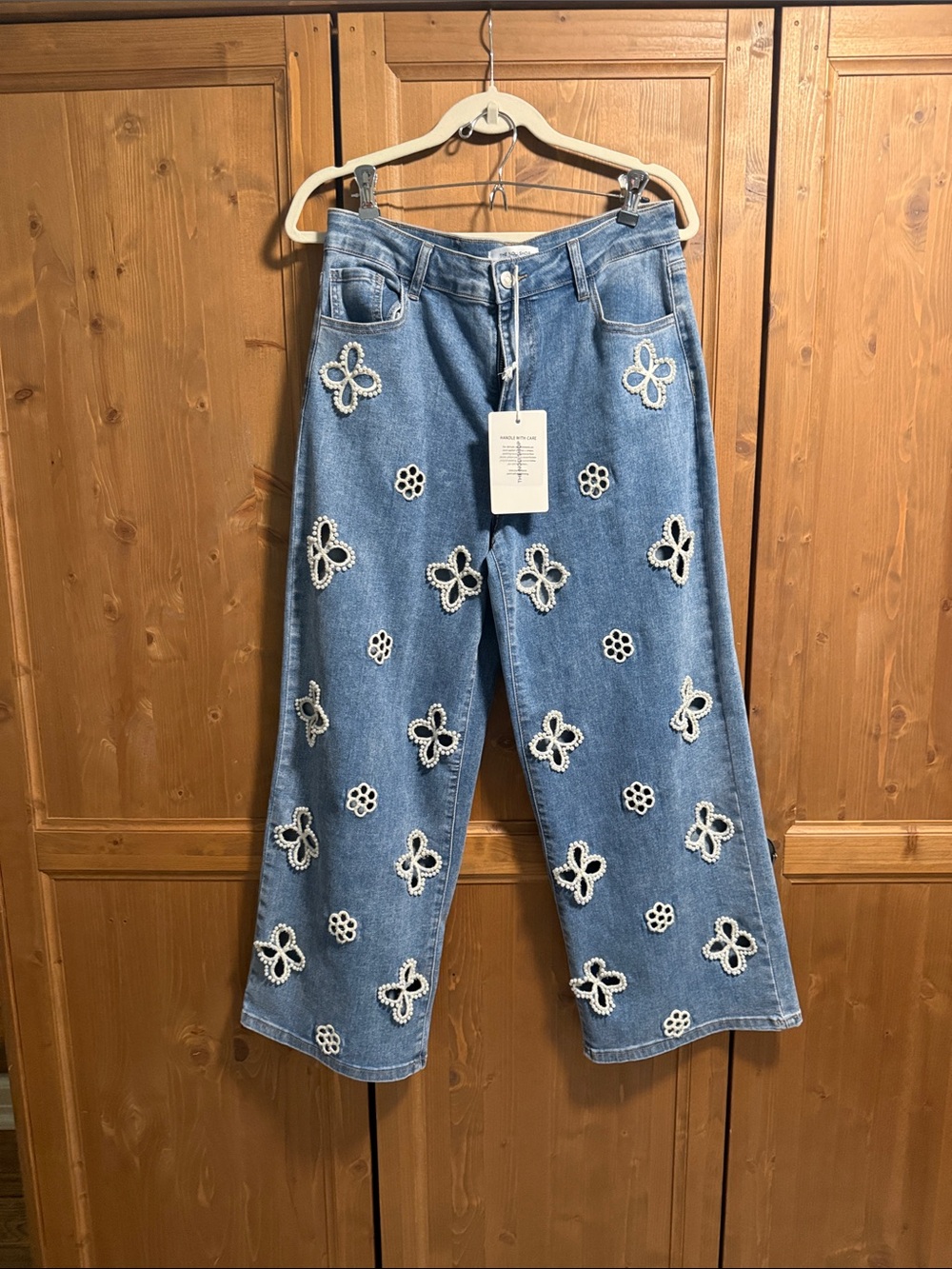 The Noli Shop Women's Blue Embroidered Floral Wide-Leg Jeans